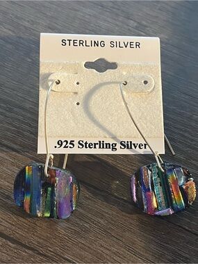 .925 Sterling Silver Multicolor Dichroic Glass Drop Earrings
